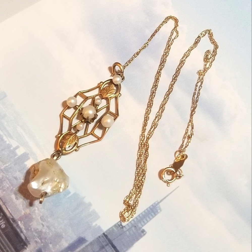 ANTQ SOLID 10KT Gold Seed Pearl Lavaliere Necklace - Picture 3 of 8
